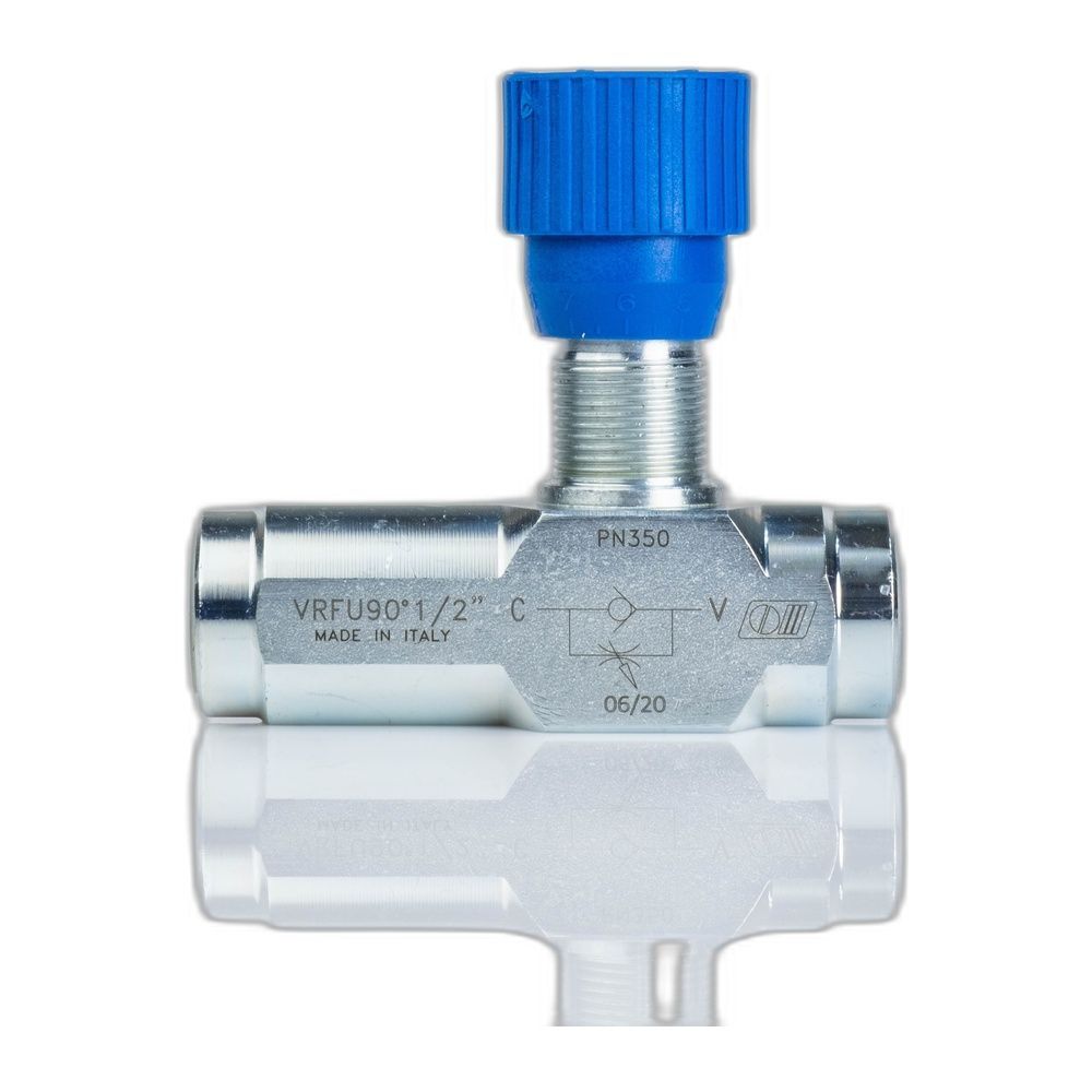 Дросель масляний для гідравлики зі зворотнім клапаном VRFU 90&deg; | 1/2" BSP, 50 л/хв, 0,5-350 Бар
