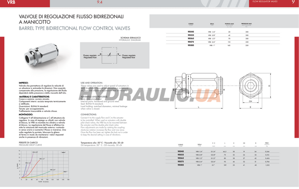Дросель кутовий 90&deg; VRB G1&Prime; 160 л/хв 250 бар | Oleodinamica Marchesini, Італія