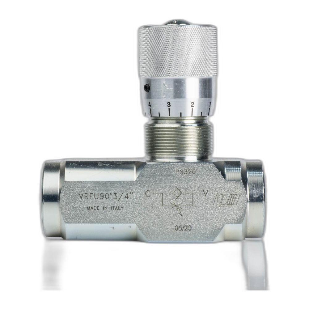 Дросель масляний для гідравлики зі зворотнім клапаном VRFU 90&deg; | 3/4" BSP, 80 л/хв, 0,5-280 Бар