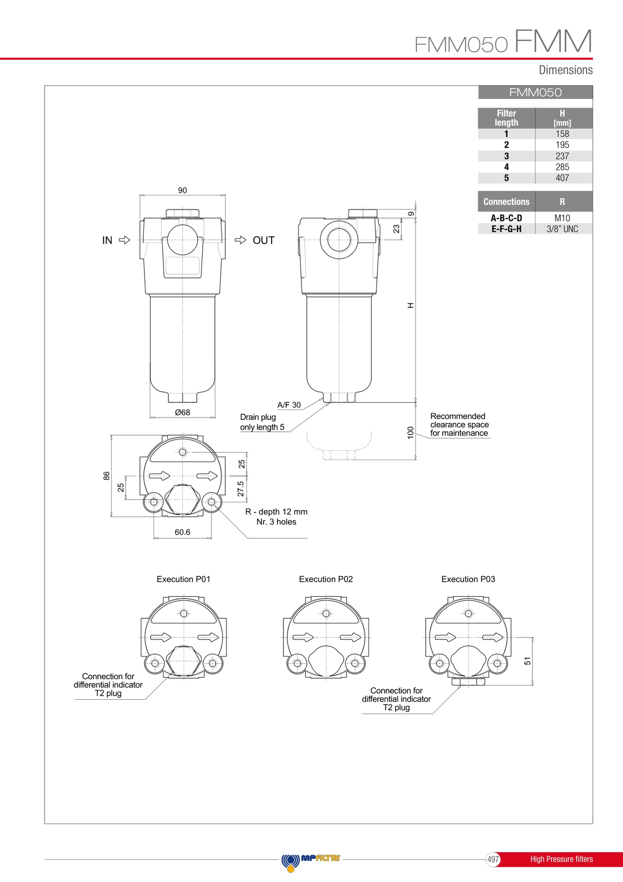 Габаритне креслення фільтроелемента MPFiltri 8HP0502 8HP0502M60ANP01