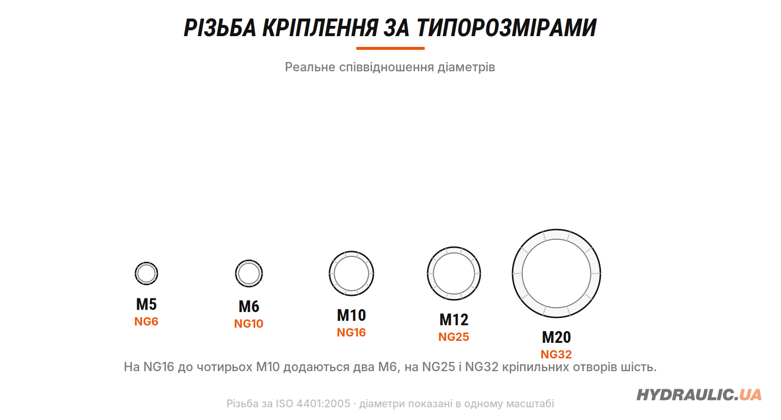 Різьба кріпильних гвинтів за типорозмірами: від M5 на NG6 до M20 на NG32