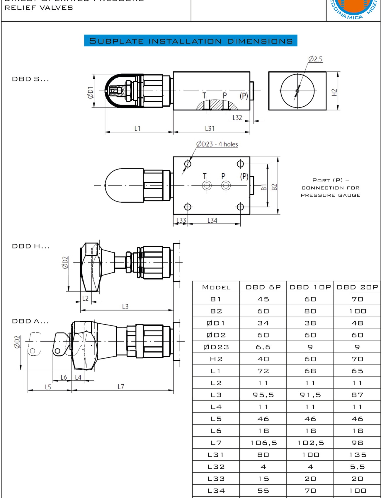 Габаритне креслення Oleodinamica Mozioni DBDS10-P-10-100