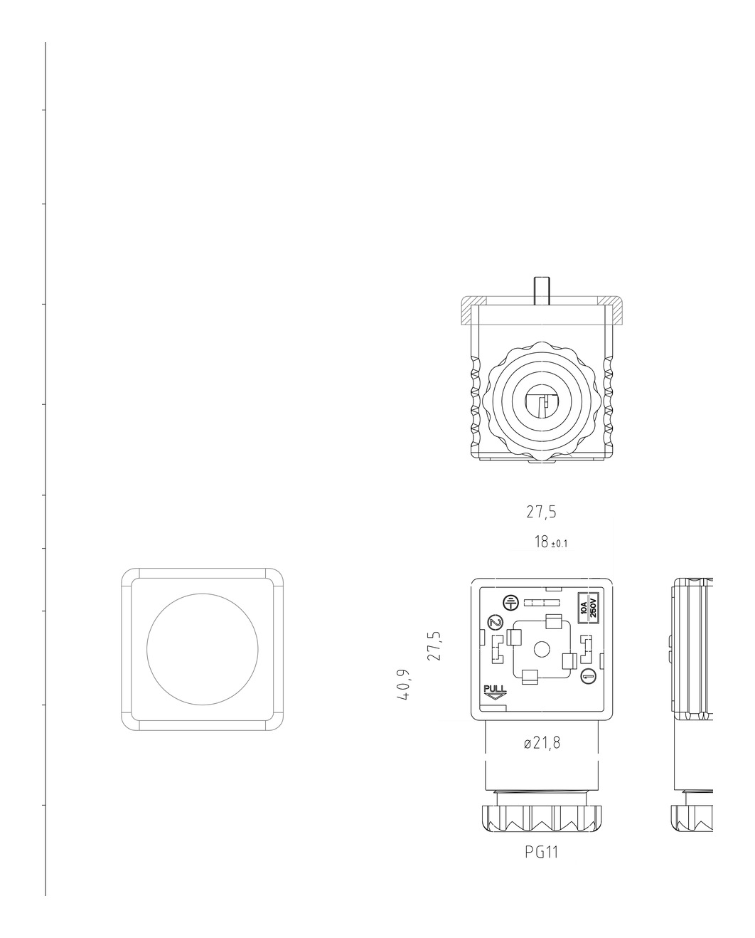 Габаритный чертёж Разъём G1TU2DL1 24V DC с LED-индикатором для гидрораспределителя