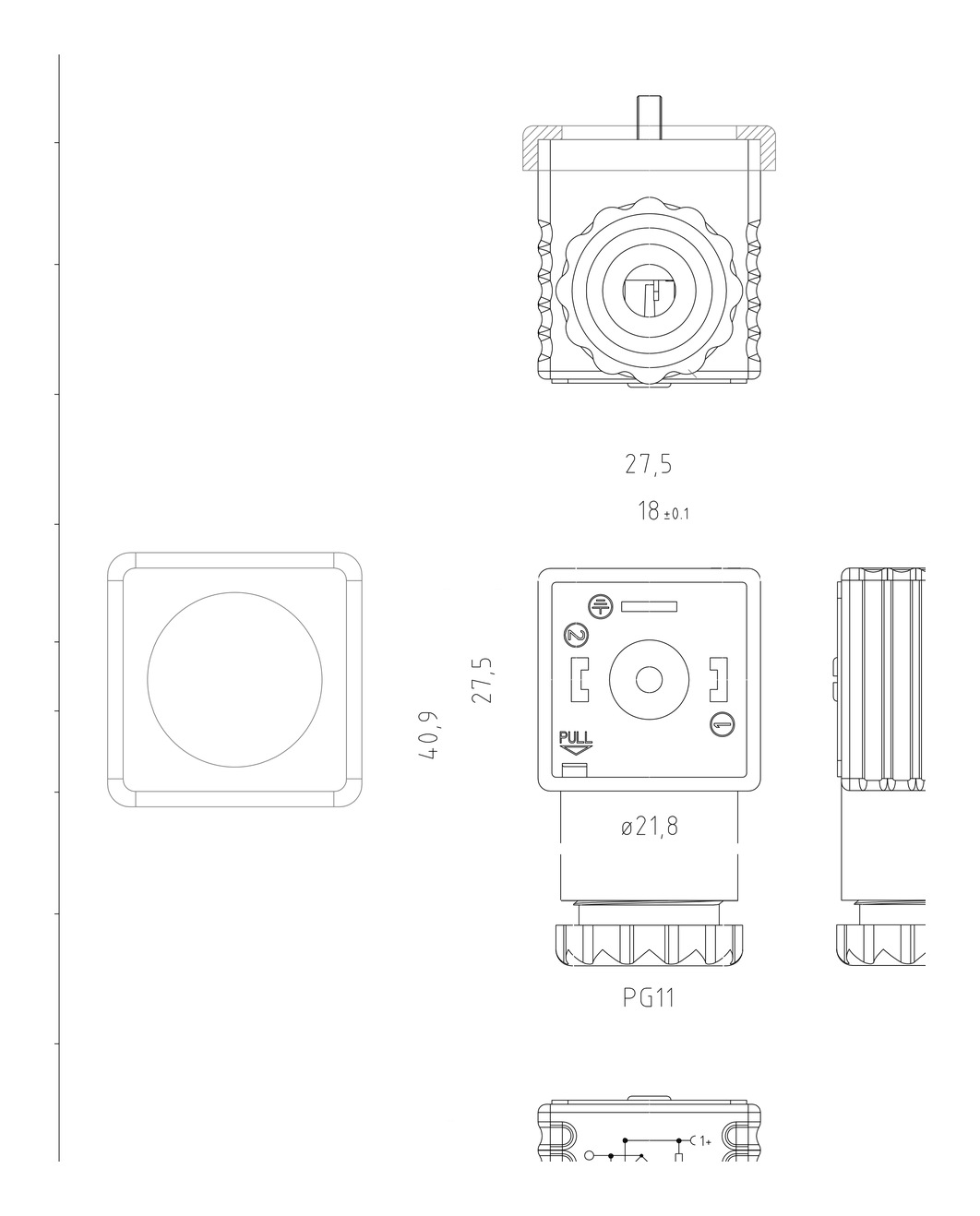 Габаритный чертёж Разъём G1TU2RL2 110V AC с диодным мостом для гидрораспределителя