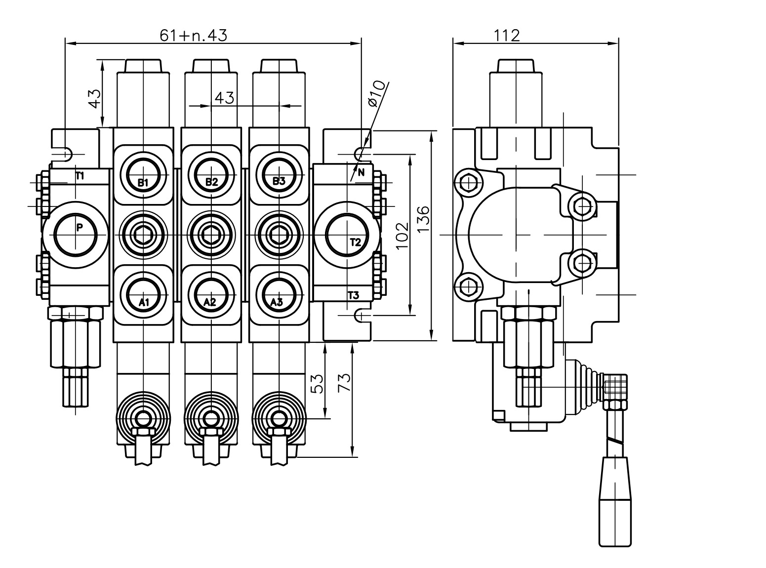 Габаритне креслення гідророзподільника 6PC100N1-6xA1/T1-G2KZ1