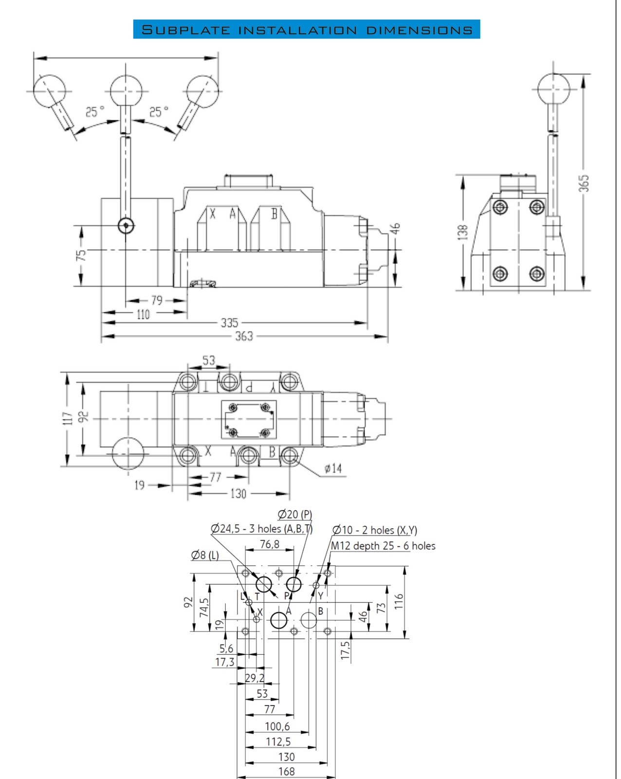 Габаритне креслення Гідророзподільник Oleodinamica Mozioni H4WMM25J50F 4/3 ручний