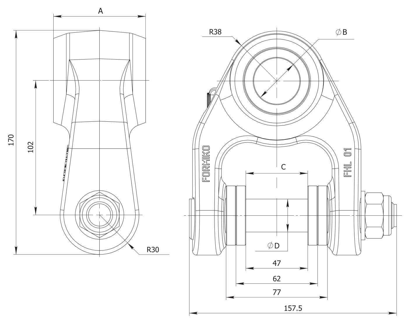 Габаритне креслення провушини Formiko FHL 01-80/30-60/25